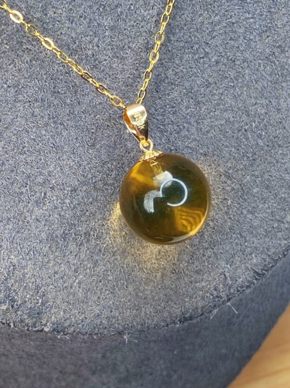 18K Gold 11mm Amber Pendant Natural Round Gemstone Charm No Chain